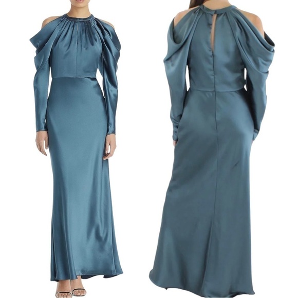 AMSALE Size 12 Women's Petrol Satin Cold Shoulder Evening Dress - Picture 1 of 11